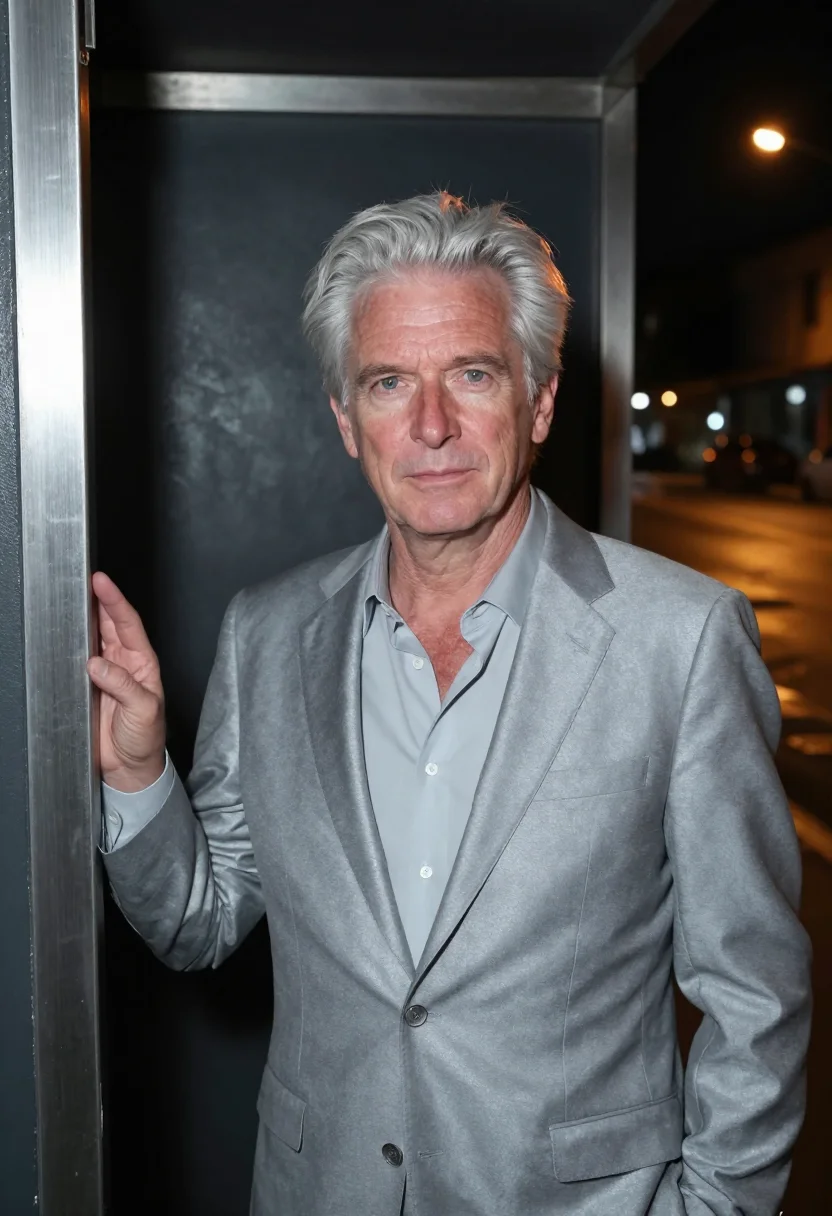 AI collateral los angeles night taxi silver grey sample — portrait of a man, a German man in his mid-fifties with rudd
