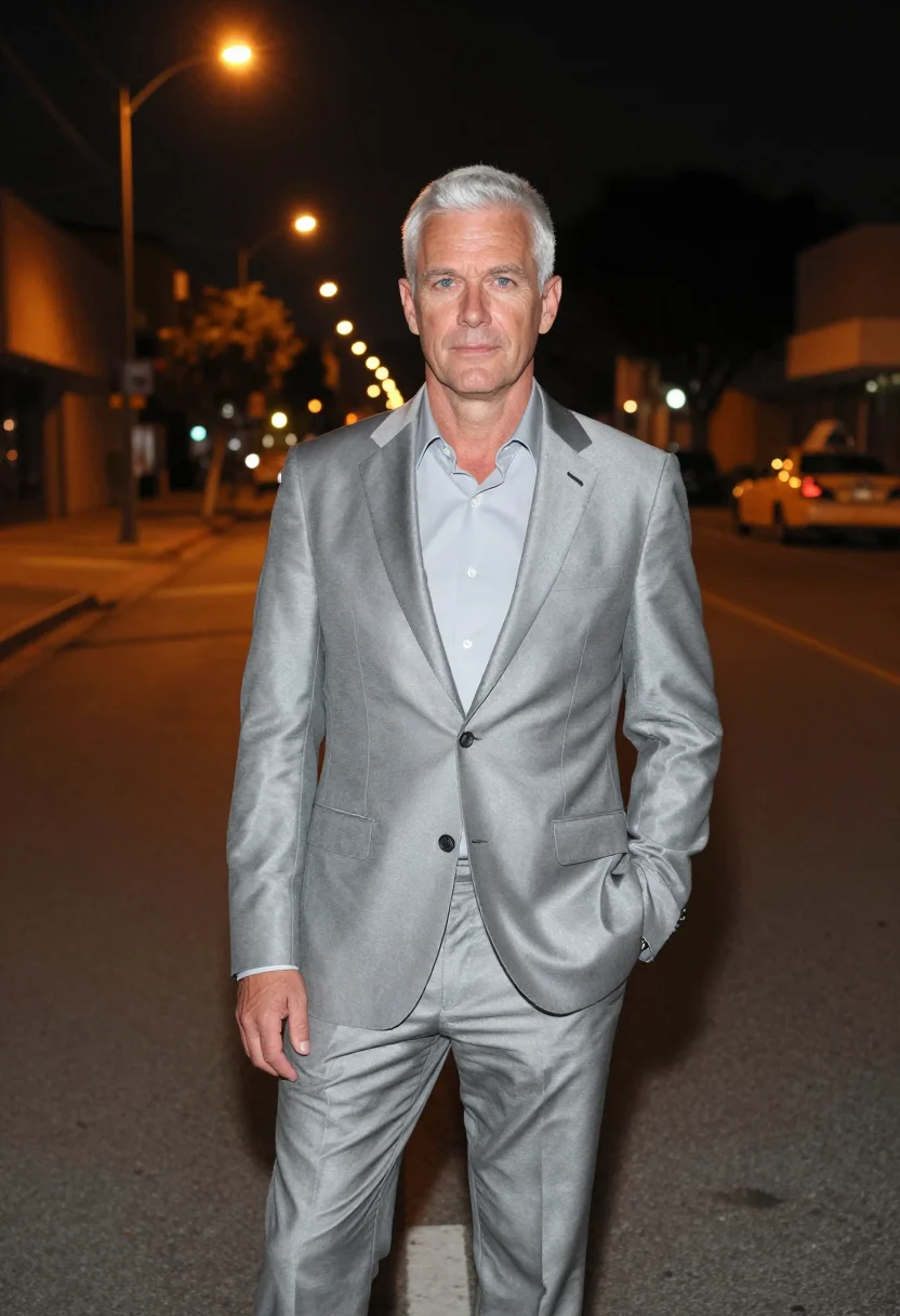 AI collateral los angeles night taxi silver grey sample — portrait of a man, a Dutch man in his mid-fifties with fair