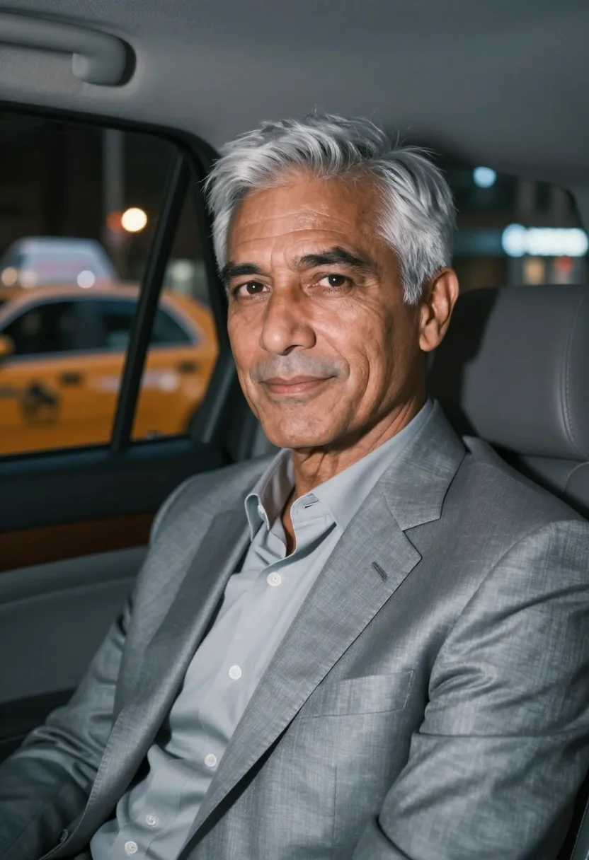 AI collateral los angeles night taxi silver grey sample — portrait of a man, an Italian man in his early fifties with
