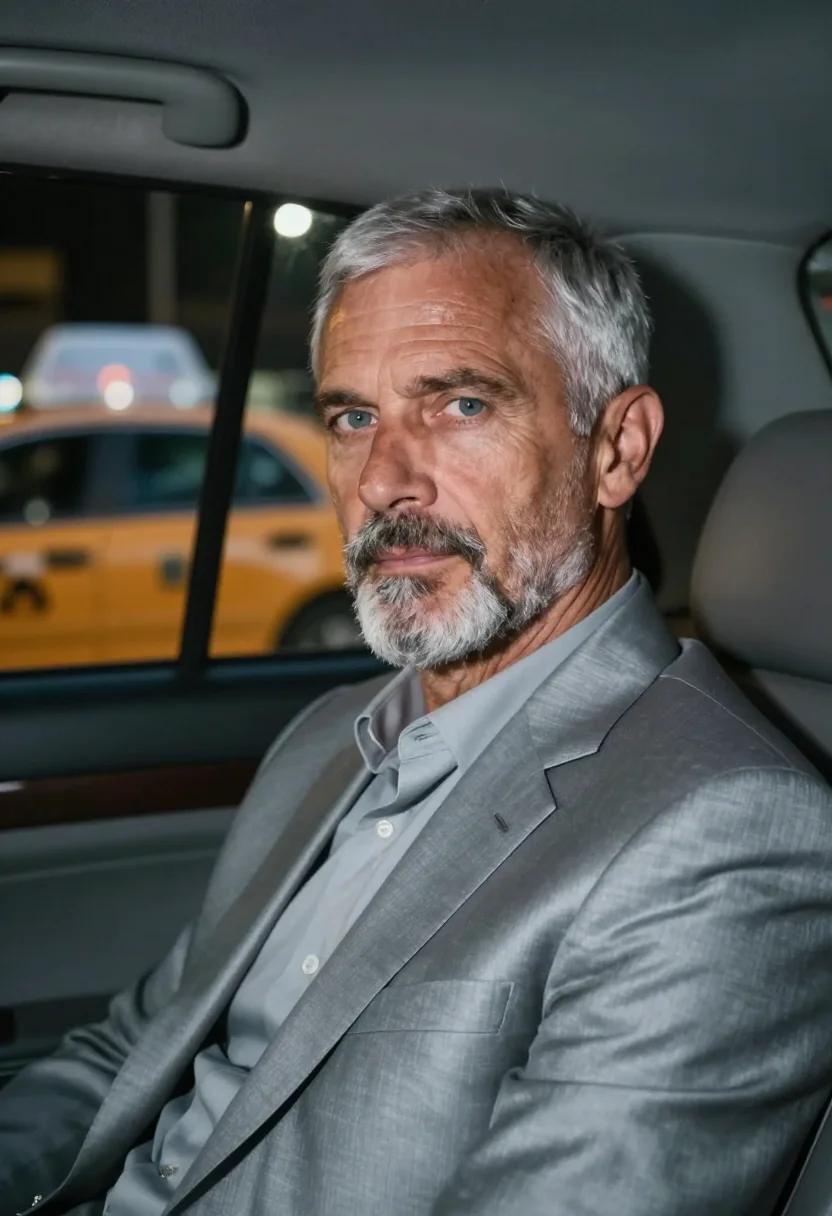 AI collateral los angeles night taxi silver grey sample — portrait of a man, an American man in his late forties with