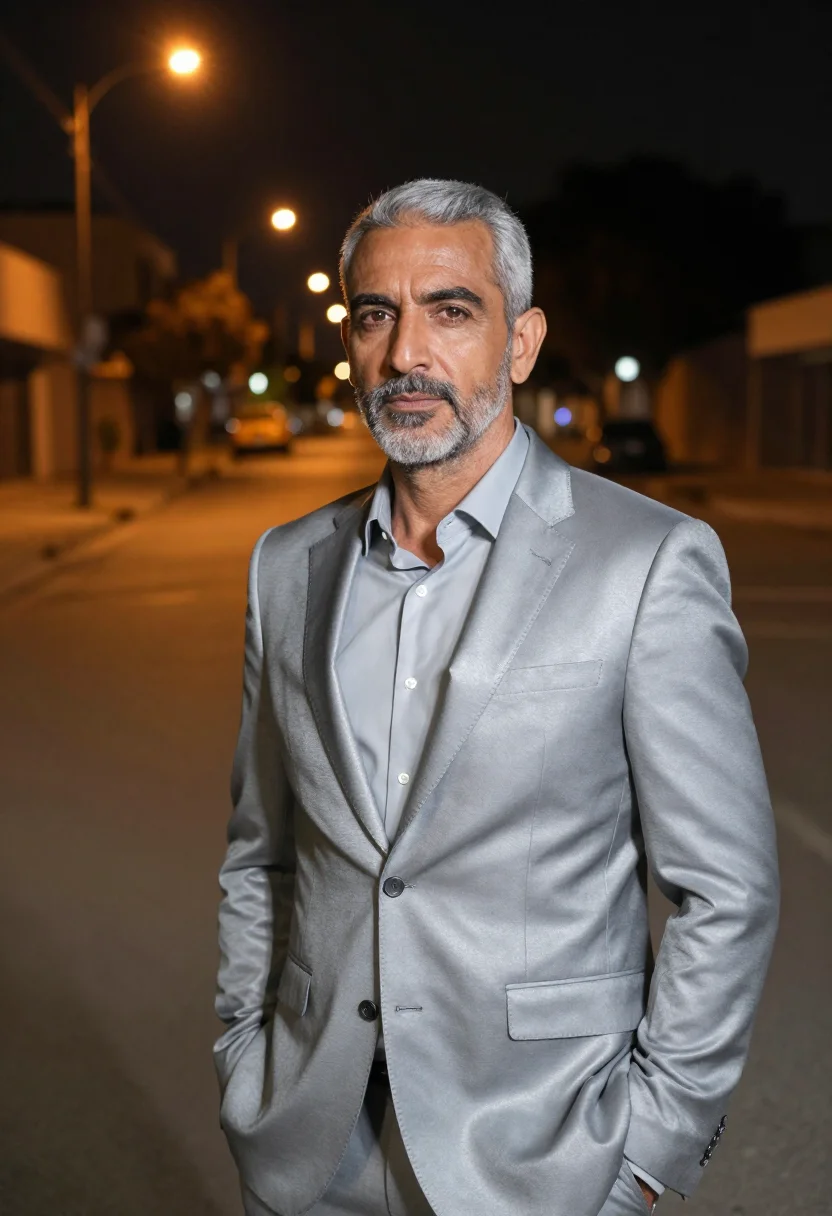 AI collateral los angeles night taxi silver grey sample — portrait of a man, a Greek man in his early fifties with oli