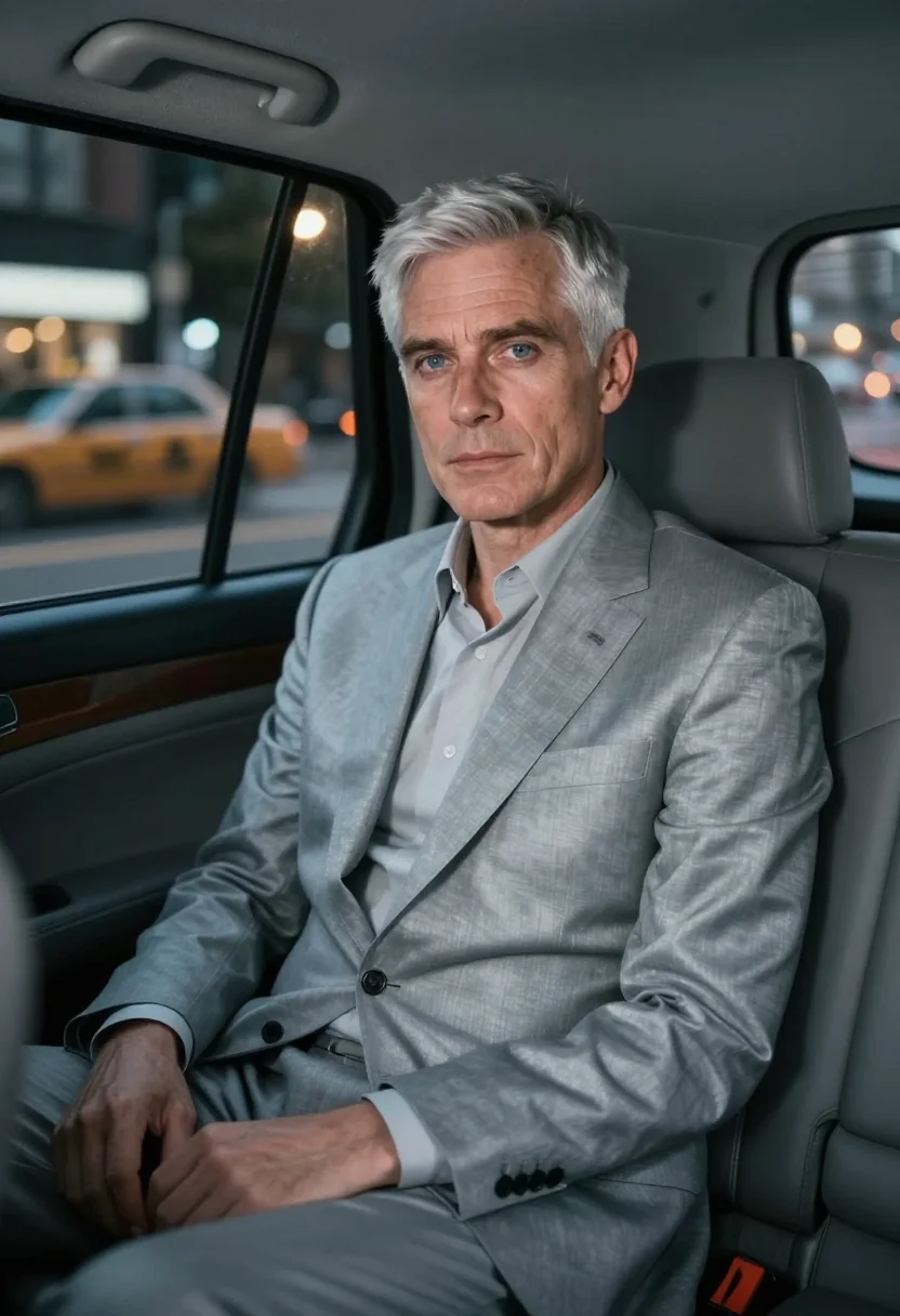 AI collateral los angeles night taxi silver grey sample — portrait of a man, an English man in his late forties with f