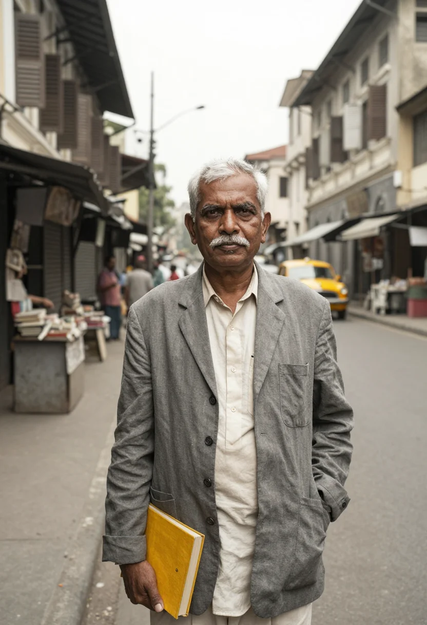 AI college street publisher yellow taxi sample — portrait of a man, a Bengali publisher in his seventies with
