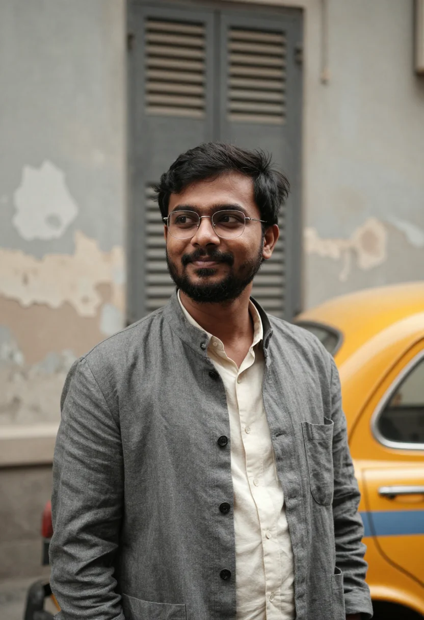 AI college street publisher yellow taxi sample — portrait of a man, a Bengali publisher in his early thirties