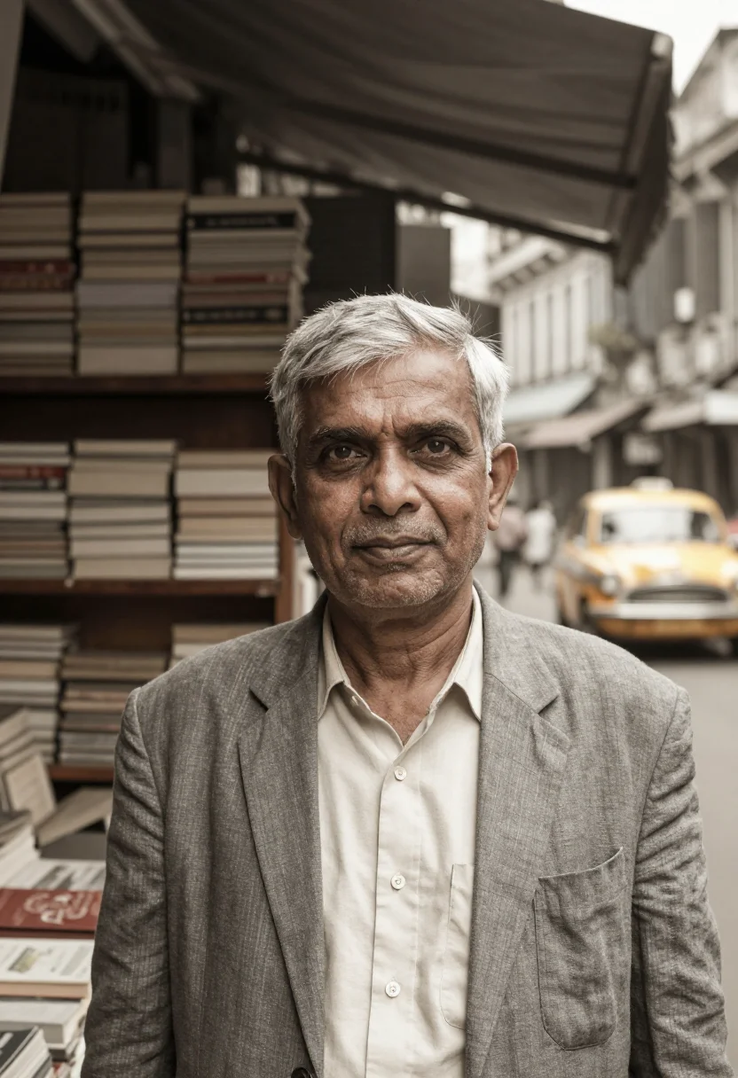 AI college street publisher yellow taxi sample — portrait of a man, a Bengali publisher in his sixties with b