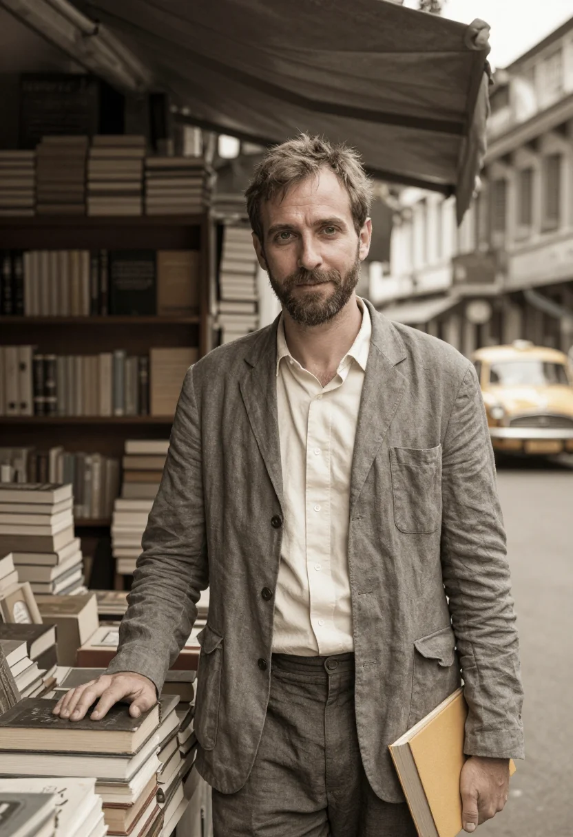 AI college street publisher yellow taxi sample — portrait of a man, a Western-European publisher in his forti