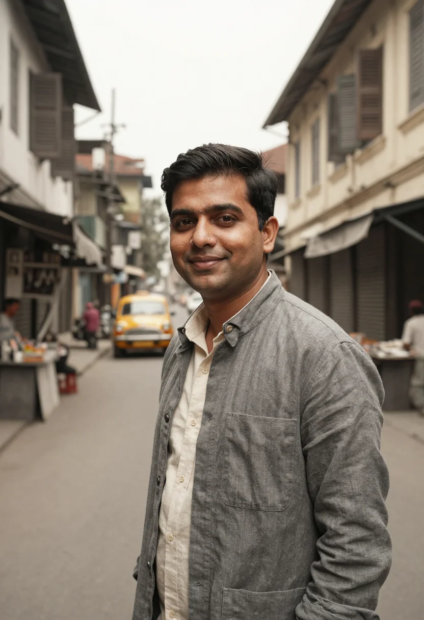 AI college street publisher yellow taxi sample — portrait of a man, a North Indian publisher in his late twen
