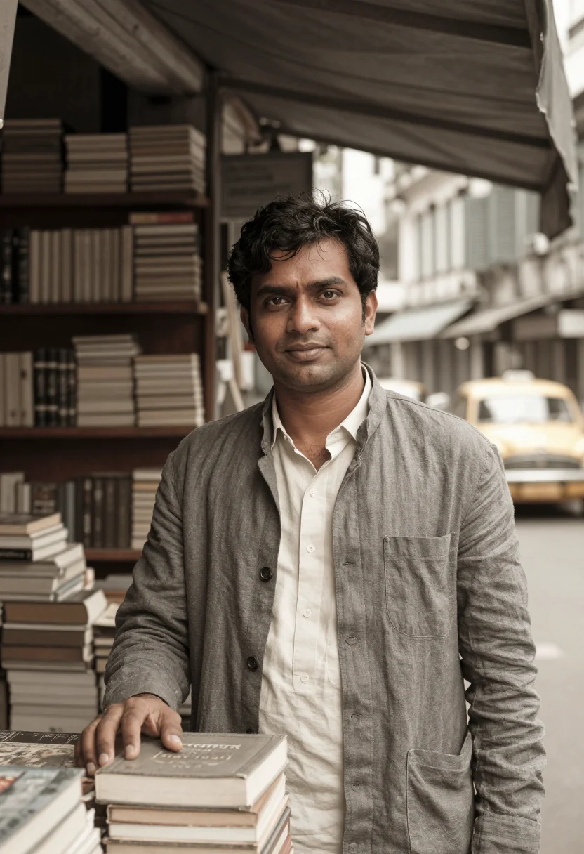 AI college street publisher yellow taxi sample — portrait of a man, a Bengali publisher in his late thirties
