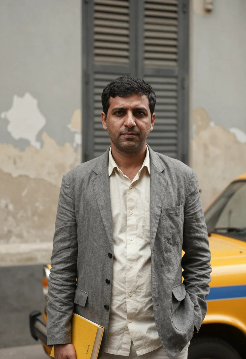 AI college street publisher yellow taxi sample — portrait of a man, an Armenian publisher in his forties with