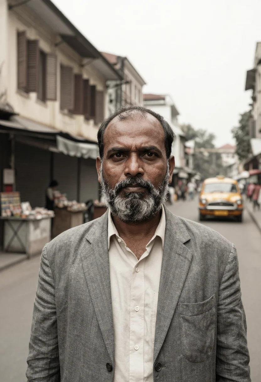 AI college street publisher yellow taxi sample — portrait of a man, a Bengali publisher in his forties with d