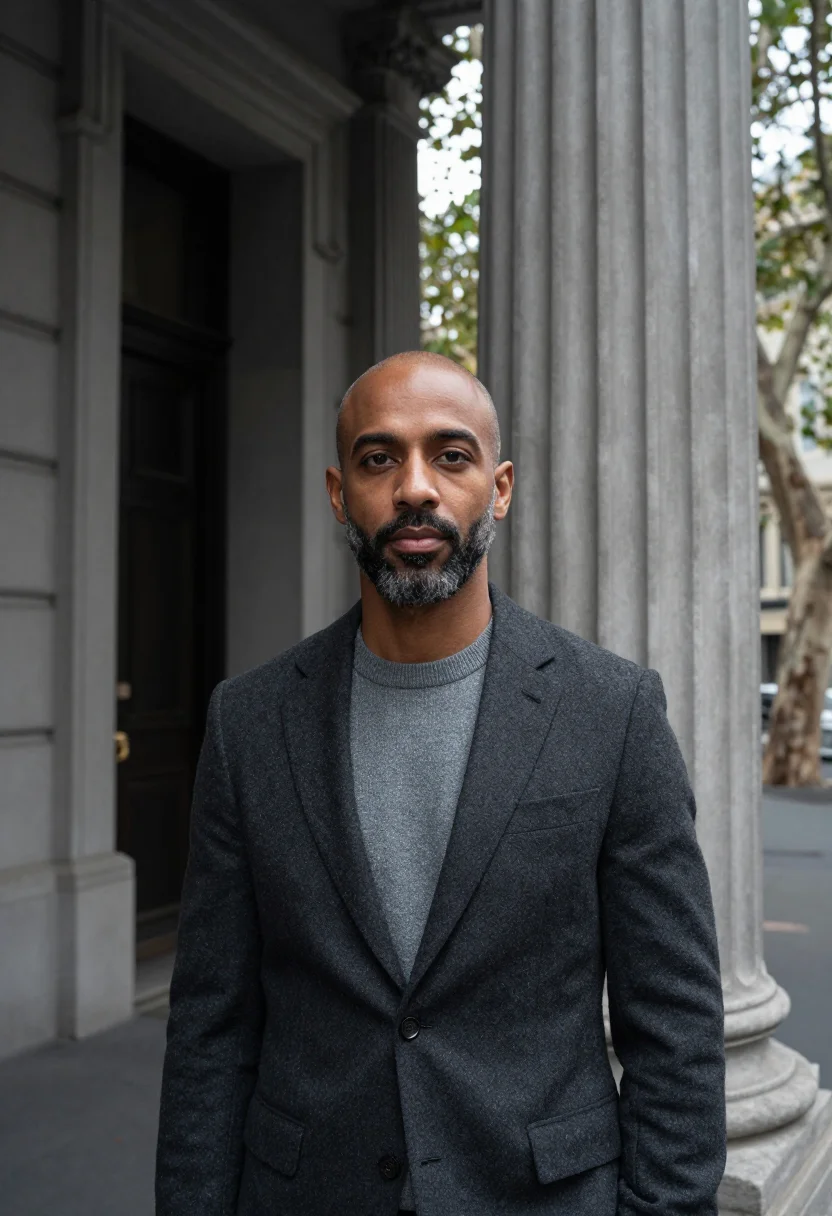 AI collins street lawyer bluestone grey sample — portrait of a man, a lawyer in his mid-forties with deep bro