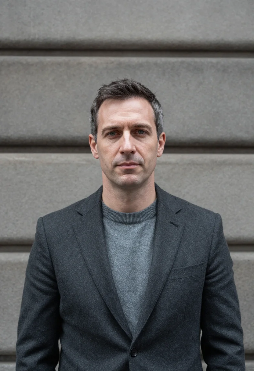 AI collins street lawyer bluestone grey sample — portrait of a man, a lawyer in his late forties with fair sk
