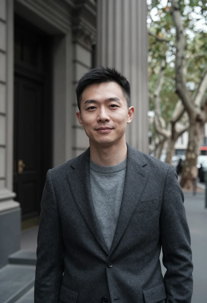 AI collins street lawyer bluestone grey sample — portrait of a man, a lawyer of Chinese descent in his late t