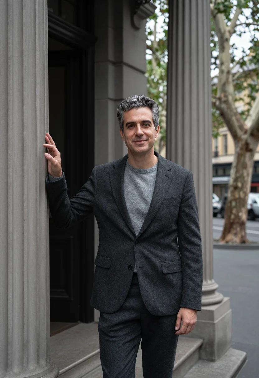 AI collins street lawyer bluestone grey sample — portrait of a man, a lawyer of Italian descent in his early