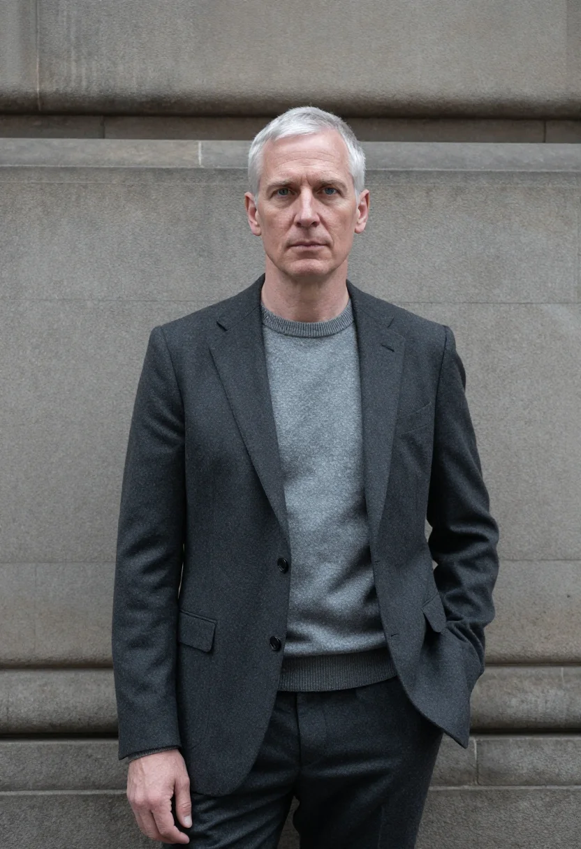AI collins street lawyer bluestone grey sample — portrait of a man, a lawyer in his fifties with pale skin, b
