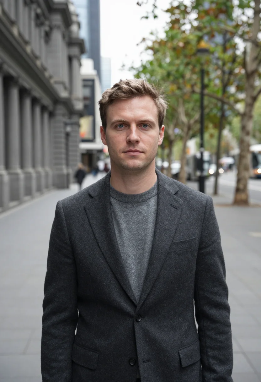 AI collins street lawyer bluestone grey sample — portrait of a man, a lawyer in his early forties with fair s