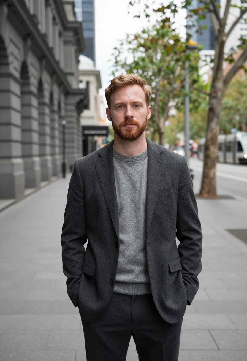 AI collins street lawyer bluestone grey sample — portrait of a man, a lawyer in his late thirties with ruddy