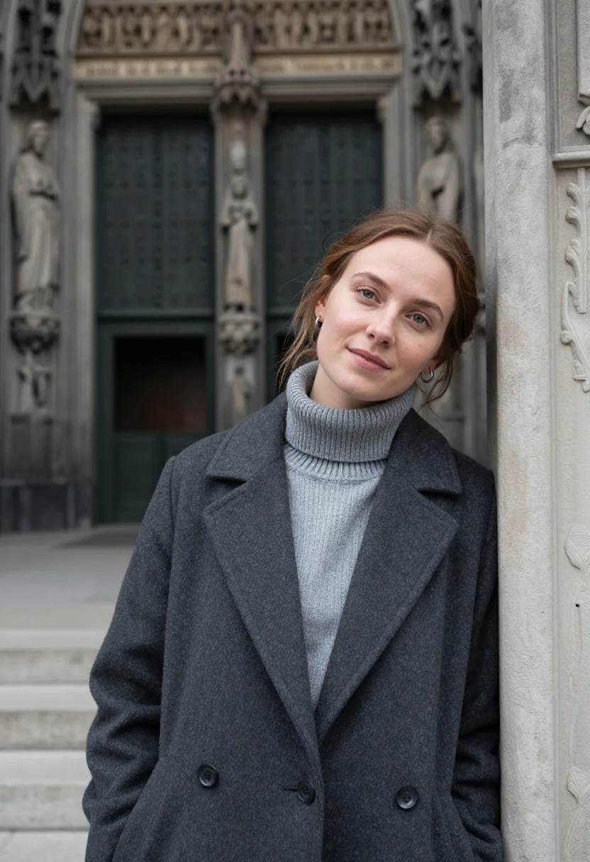 AI cologne cathedral art historian tracery grey sample — portrait of a woman, an art historian in her late twenties o