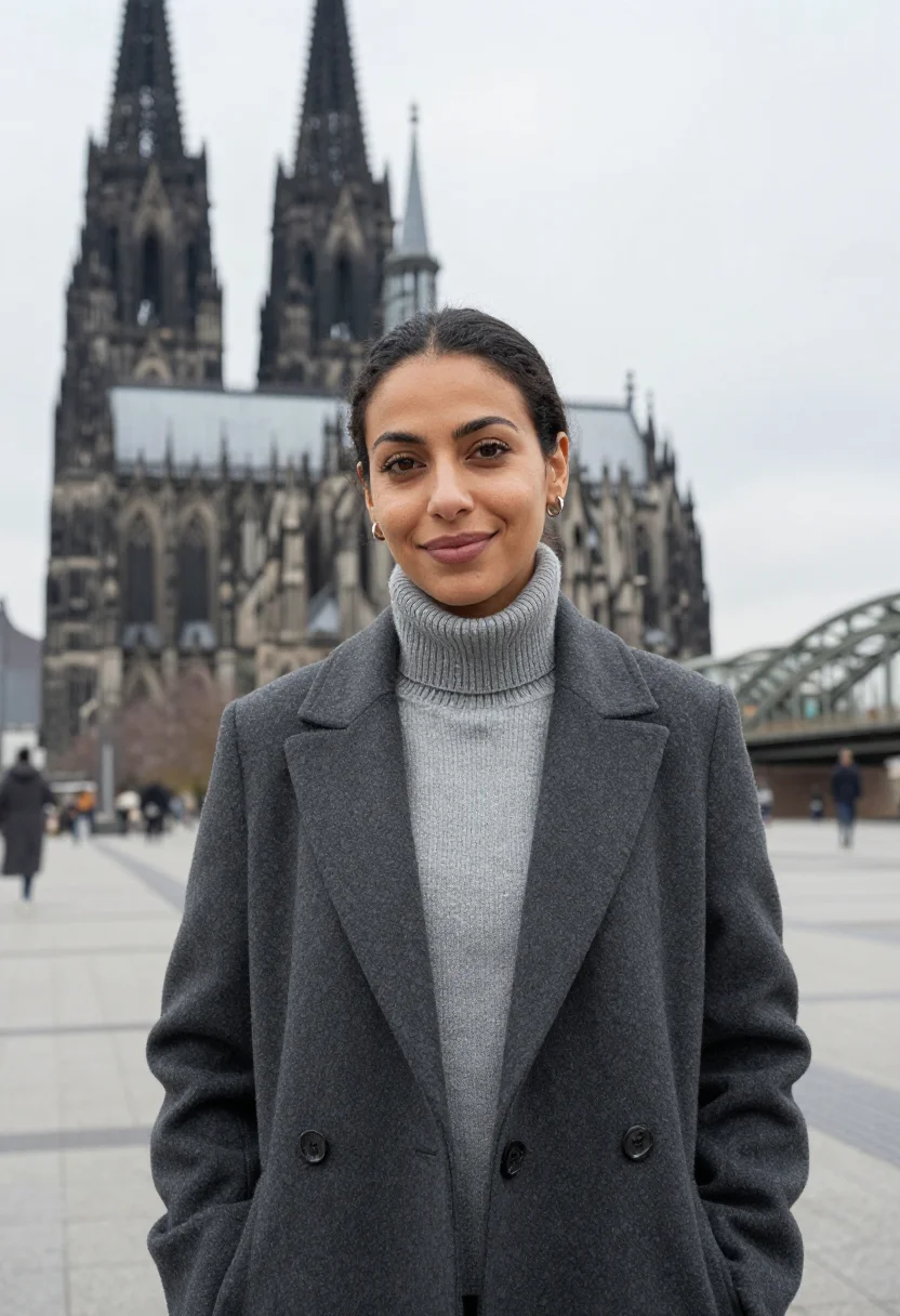 AI cologne cathedral art historian tracery grey sample — portrait of a woman, an art historian in her late thirties o