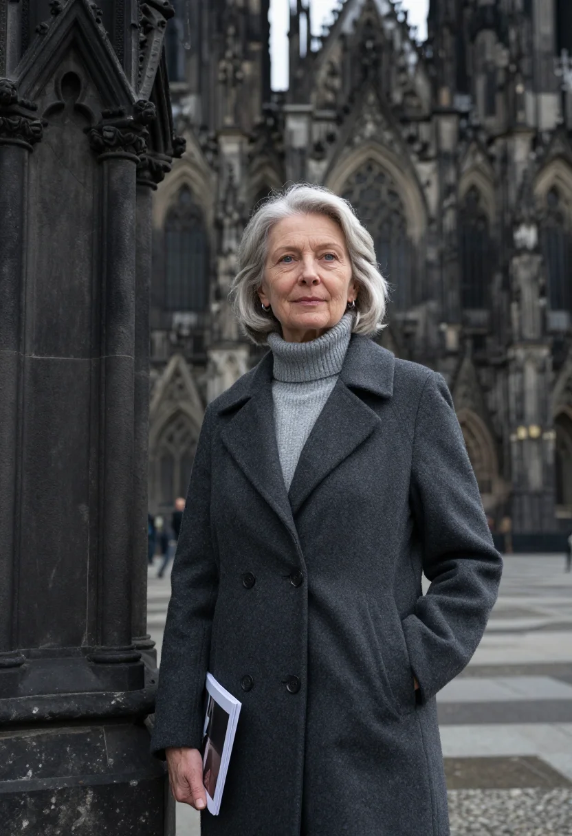 AI cologne cathedral art historian tracery grey sample — portrait of a woman, an art historian in her sixties of Belg