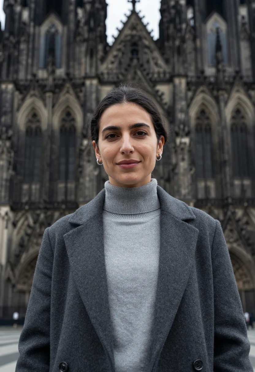 AI cologne cathedral art historian tracery grey sample — portrait of a woman, an art historian in her thirties of Spa