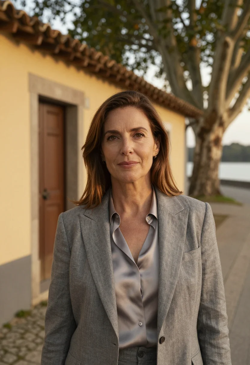 AI colonia del sacramento hotelier cobble sycamore sample — portrait of a woman, a hotelier in her late forties with war