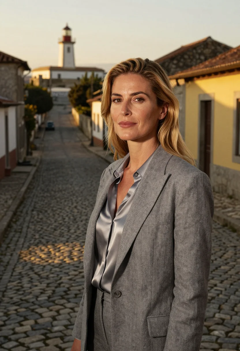 AI colonia del sacramento hotelier cobble sycamore sample — portrait of a woman, a hotelier in her mid-forties with warm