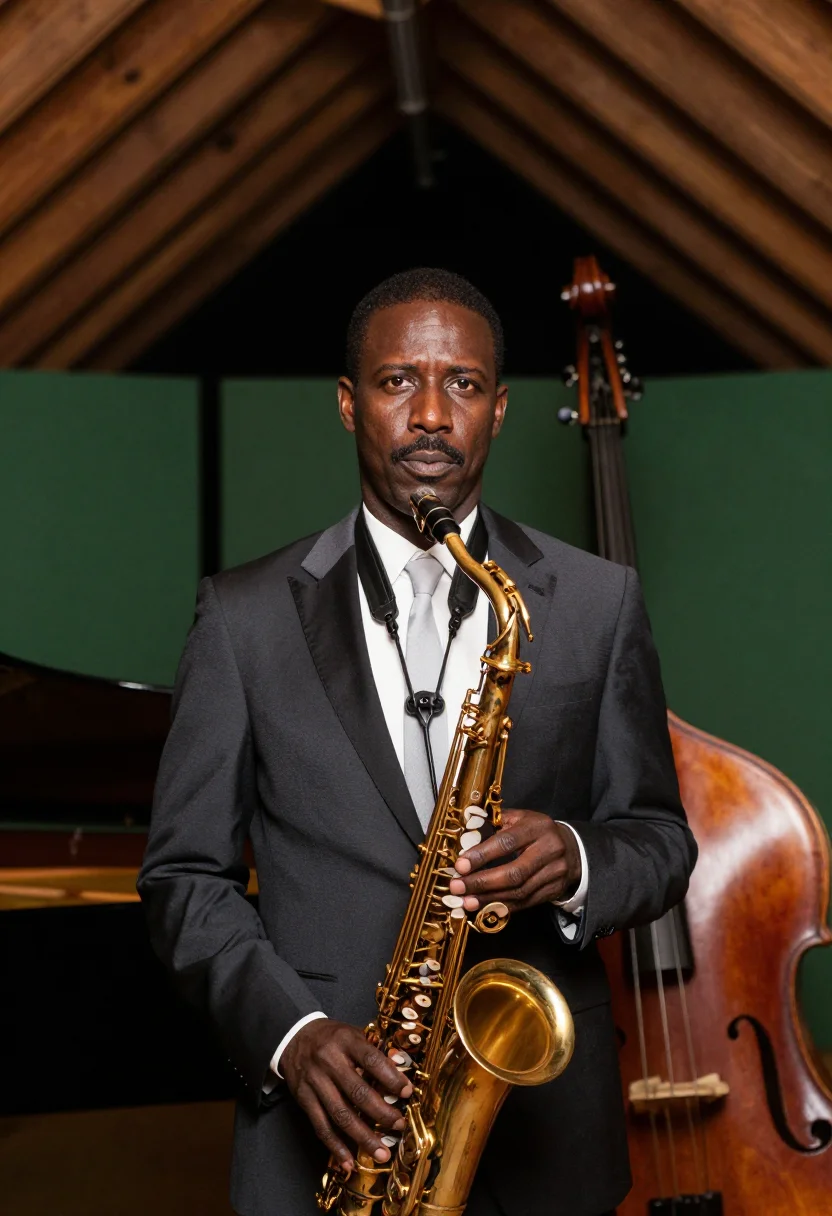 AI coltrane sample — portrait of a man, close half-length portrait of a Black man