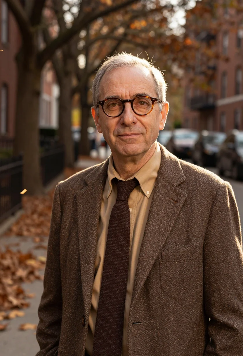 AI columbia professor morningside brown sample — portrait of a man, chest-up portrait of a New York-born man