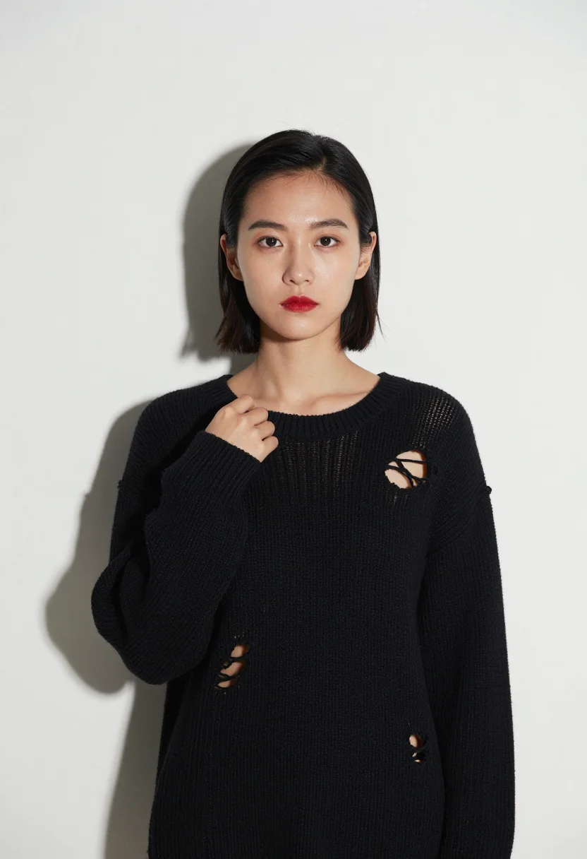 AI comme des garcons sample — portrait of a woman, chest-up portrait of an East-Asian woma