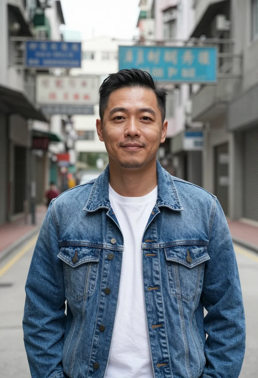 AI comrades almost a love story hong kong bicycle sample — portrait of a man, a Cantonese man in his early thirties wit