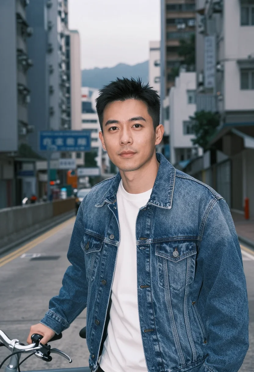 AI comrades almost a love story hong kong bicycle sample — portrait of a man, a Cantonese man in his early thirties wit