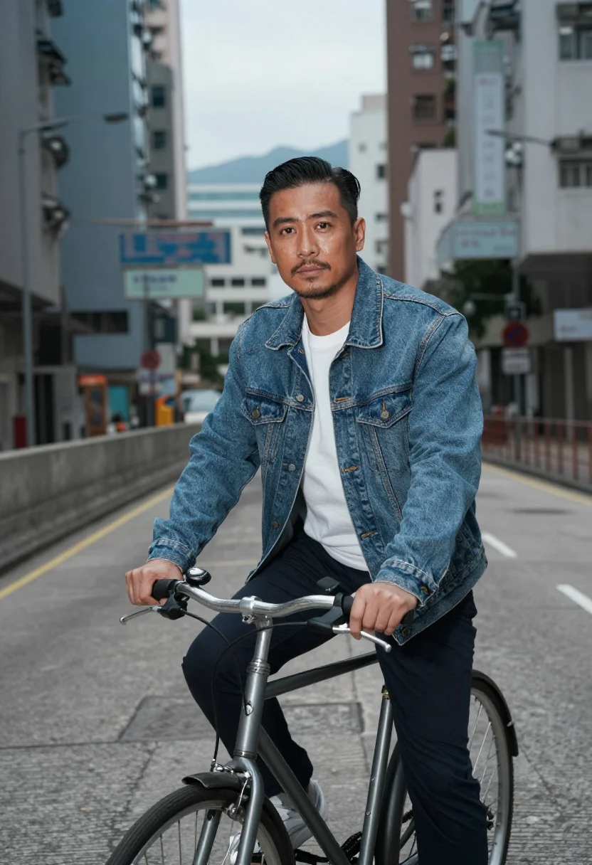 AI comrades almost a love story hong kong bicycle sample — portrait of a man, a Cantonese man in his mid-thirties with