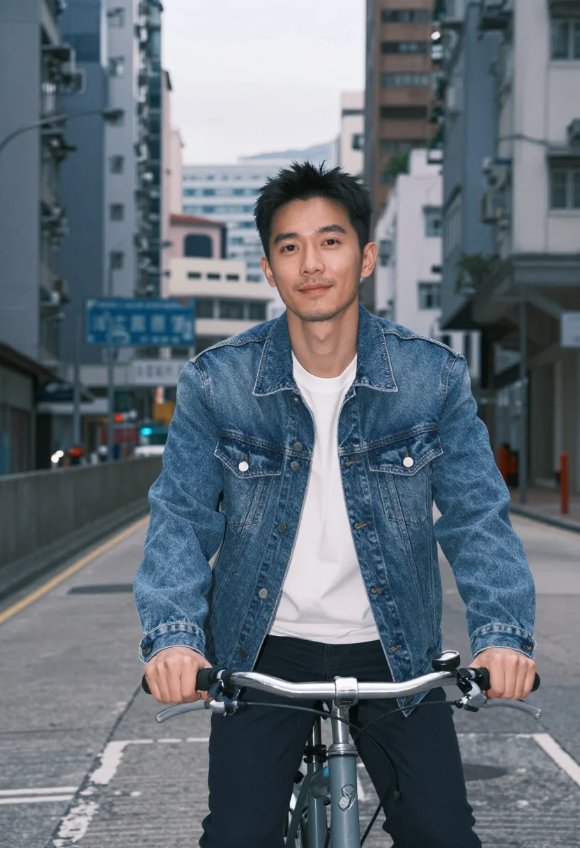 AI comrades almost a love story hong kong bicycle sample — portrait of a man, a Hong Kong Chinese man in his late twent