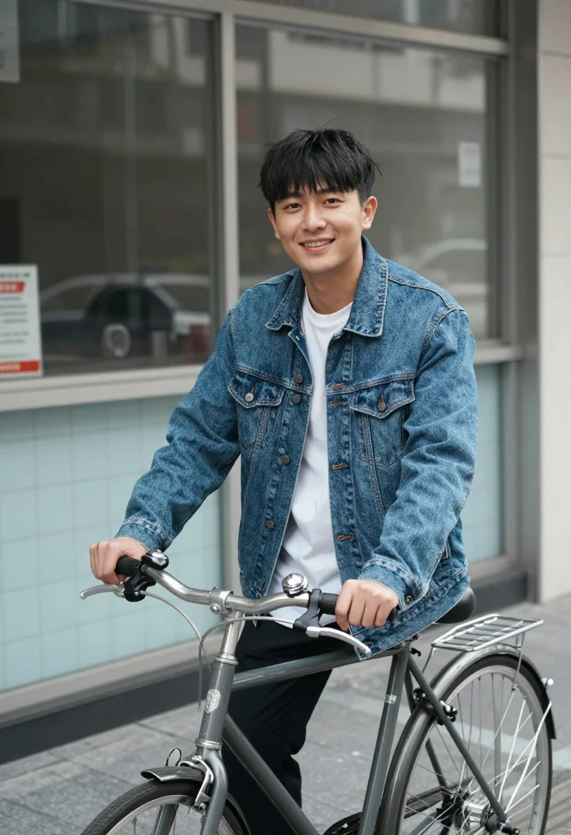 AI comrades almost a love story hong kong bicycle sample — portrait of a man, a Cantonese man in his early twenties wit