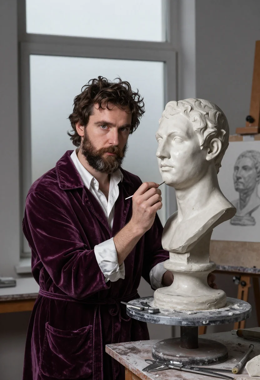AI comte d orsay sample — portrait of a man, in his mid-thirties with fair skin, hazel