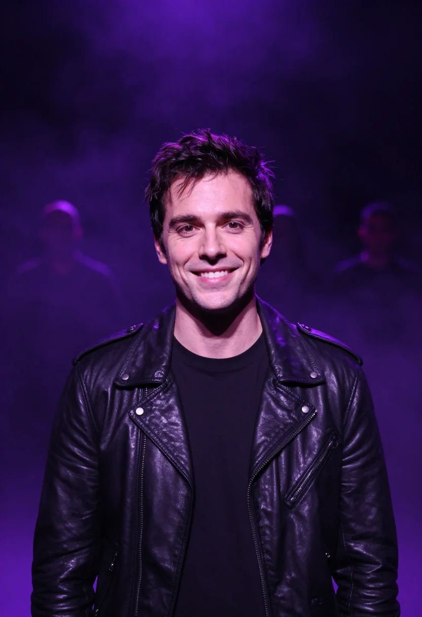 AI concert crowd purple light sample — portrait of a man, framed tight, head and shoulders, the bod
