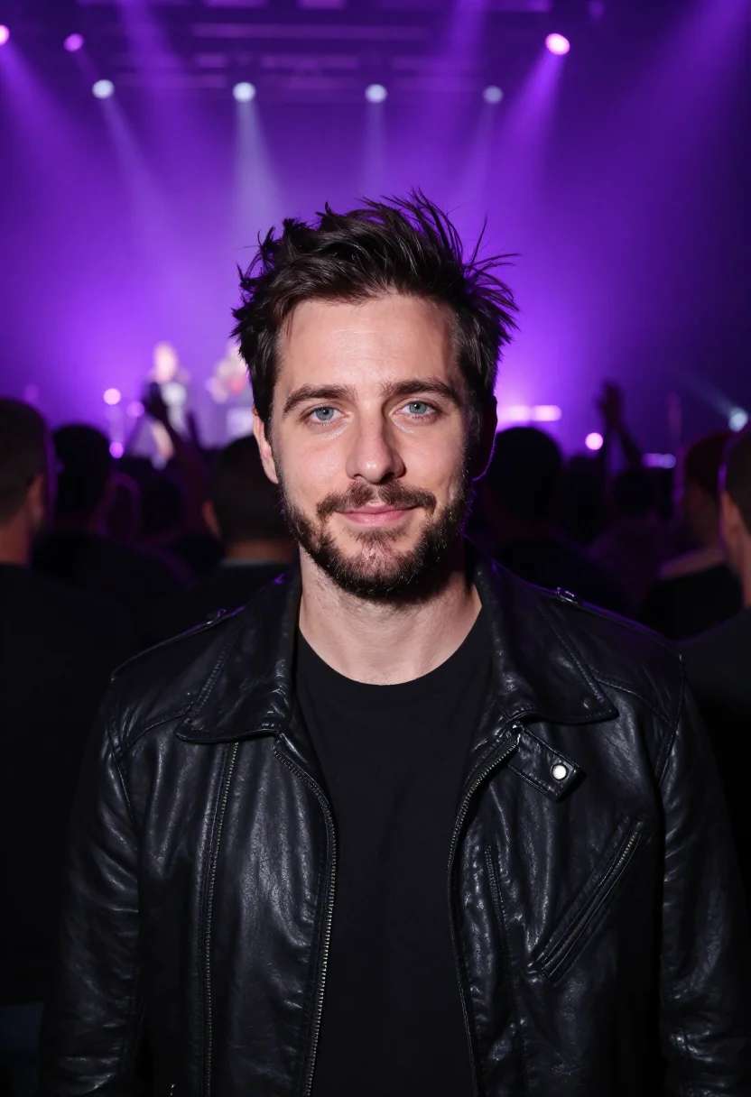 AI concert crowd purple light sample — portrait of a man, framed tight, head and shoulders, the bod