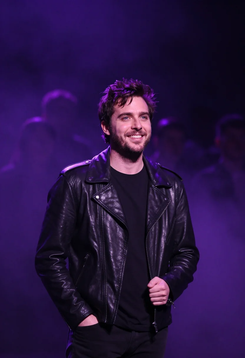 AI concert crowd purple light sample — portrait of a man, framed half-length, cropped at the hip, t