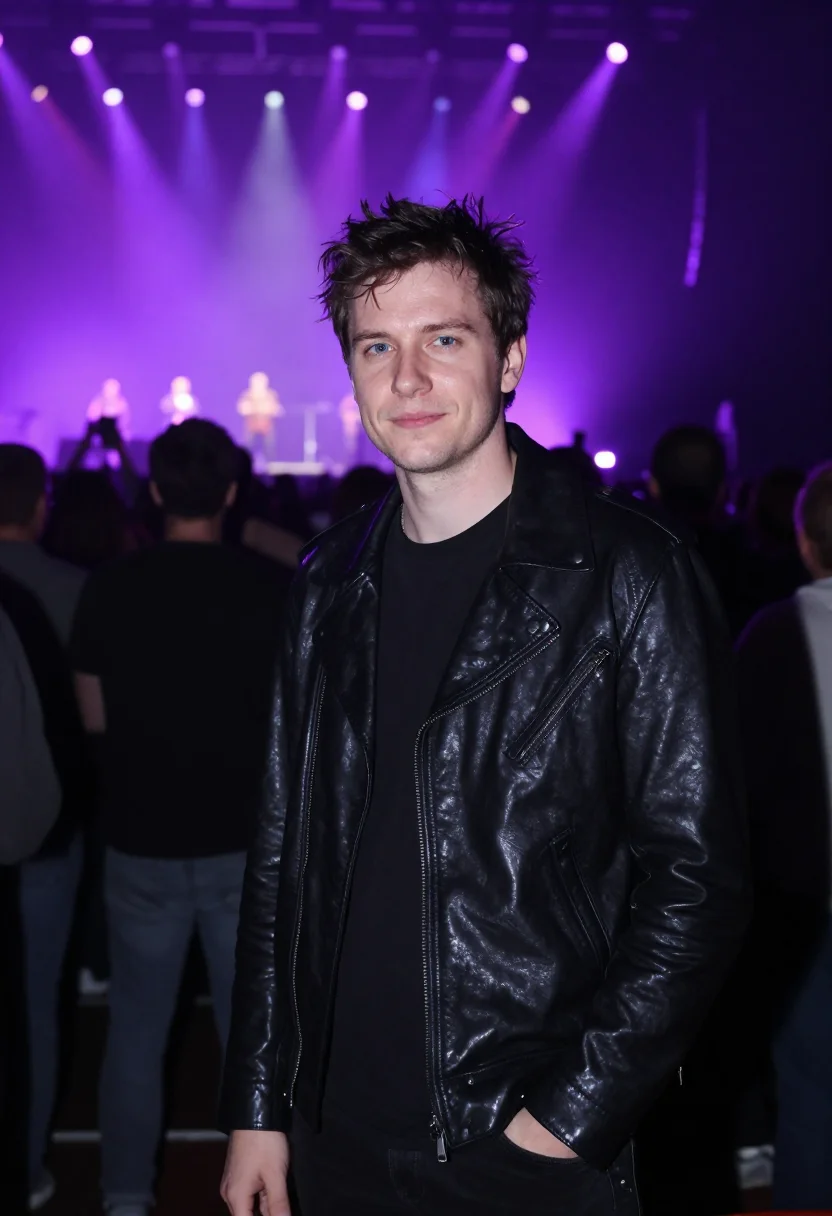 AI concert crowd purple light sample — portrait of a man, framed half-length, cropped at the hip, t