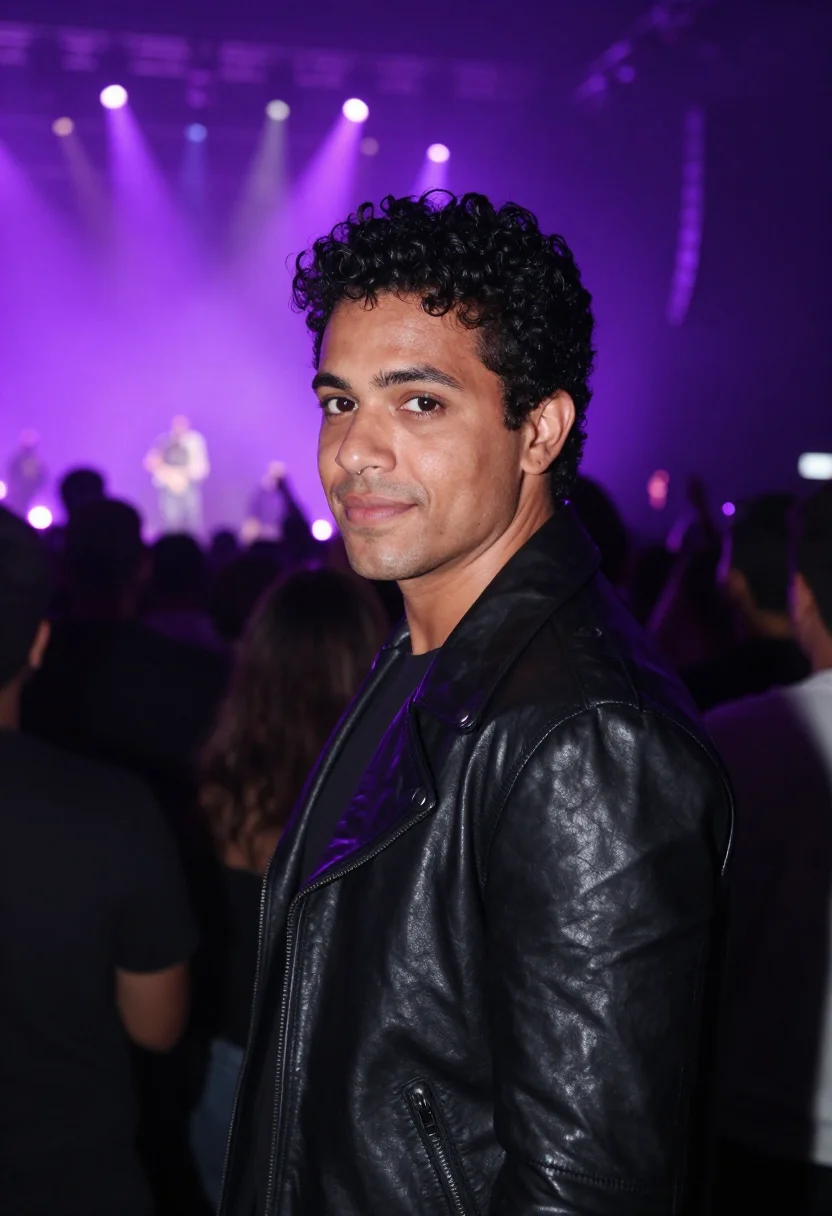 AI concert crowd purple light sample — portrait of a man, framed chest-up, cropped at the ribs, the