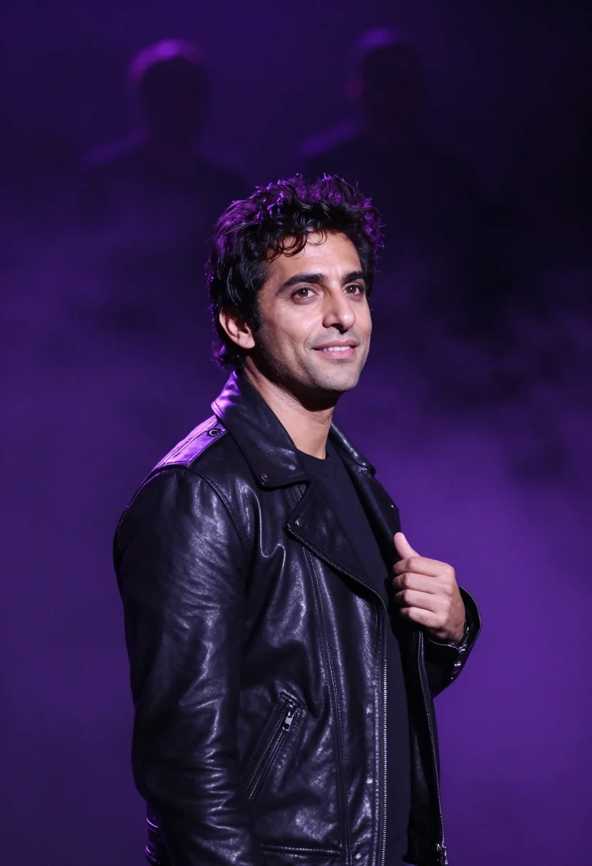 AI concert crowd purple light sample — portrait of a man, framed chest-up, cropped at the ribs, the