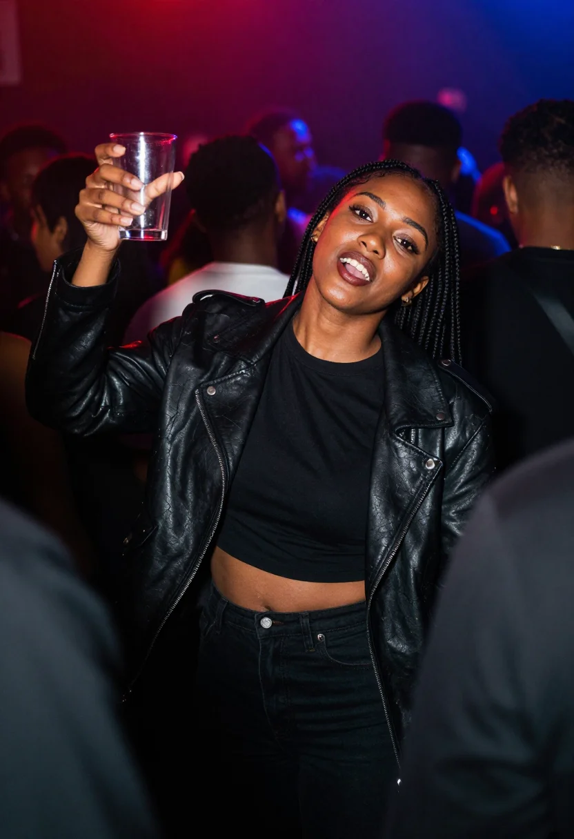 AI concert night sample — candid photograph of a woman, mid-twenties and of Jamaican d