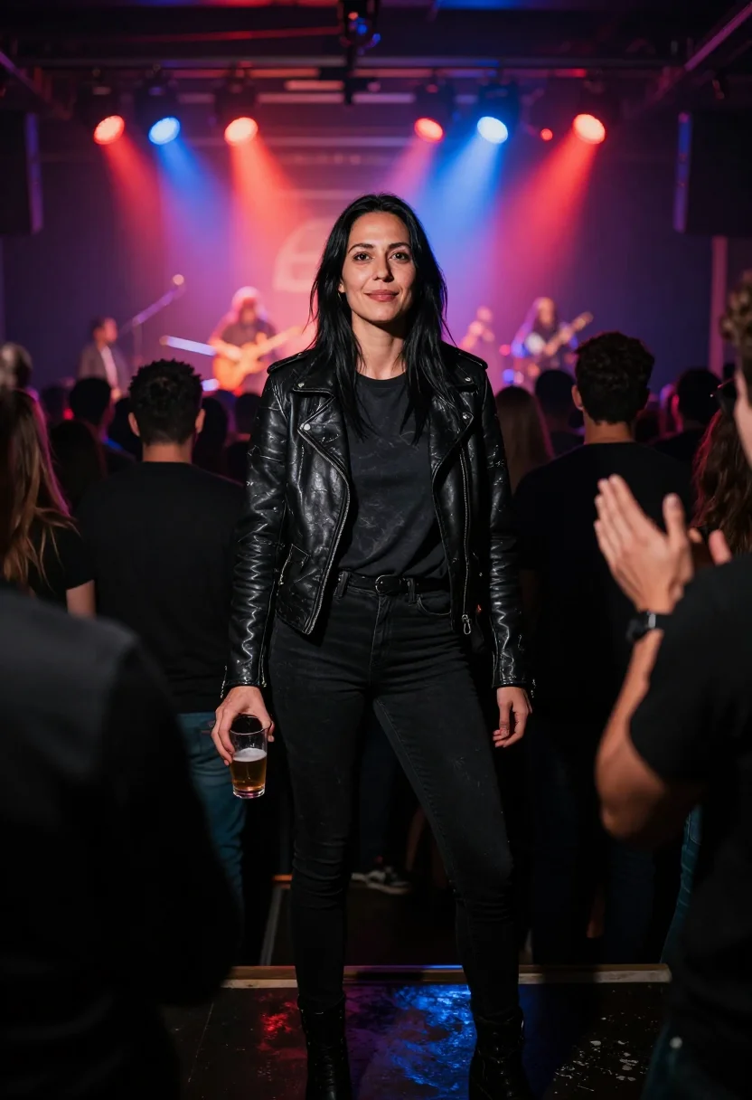 AI concert night sample — candid photograph of a woman, early thirties and of Western-
