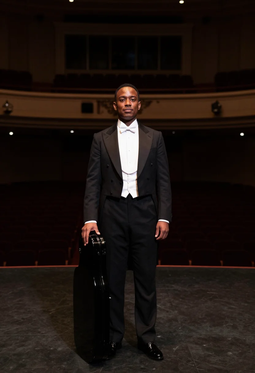 AI concert pianist black tails sample — portrait of a man, framed wide from the side of the stage at