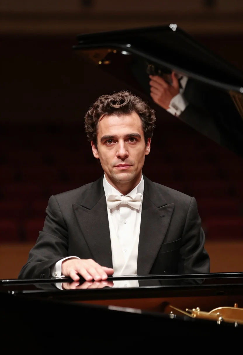 AI concert pianist black tails sample — portrait of a man, framed tight, head and shoulders, the bod