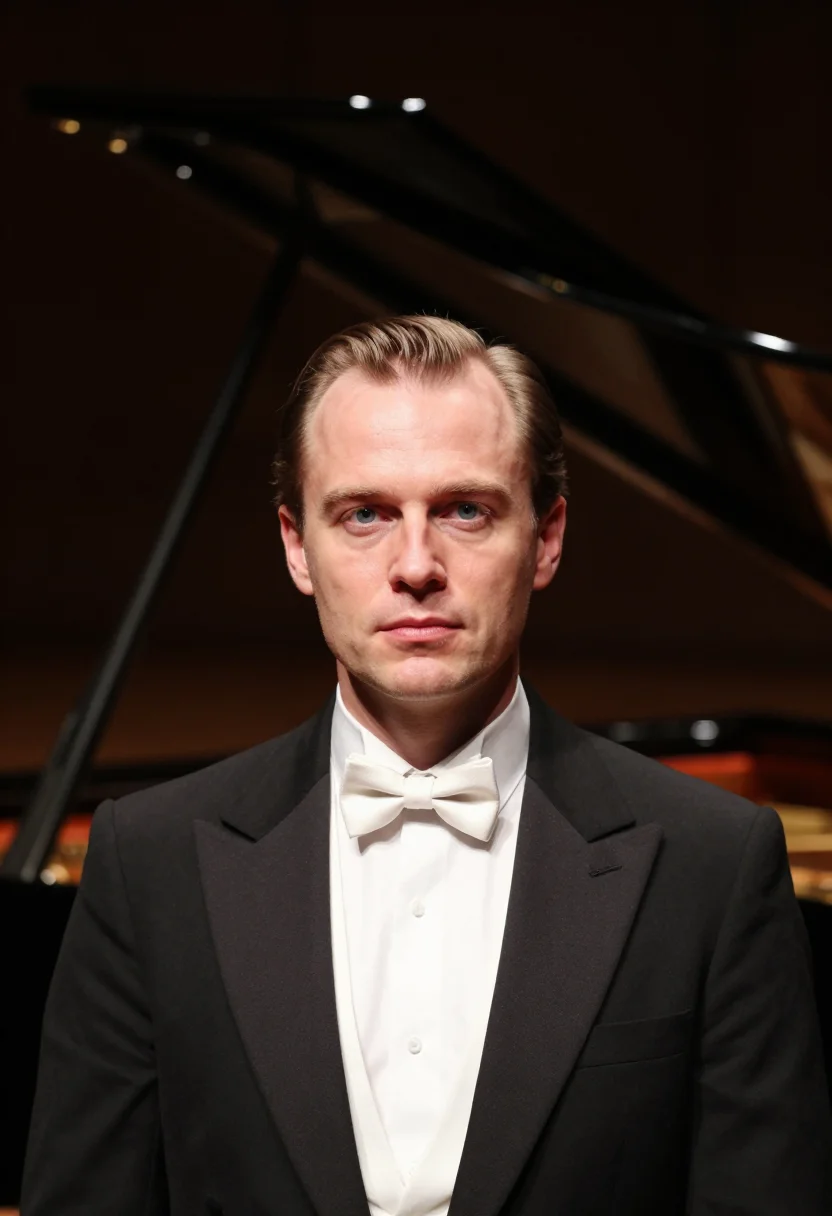 AI concert pianist black tails sample — portrait of a man, framed tight, head and shoulders, the bod