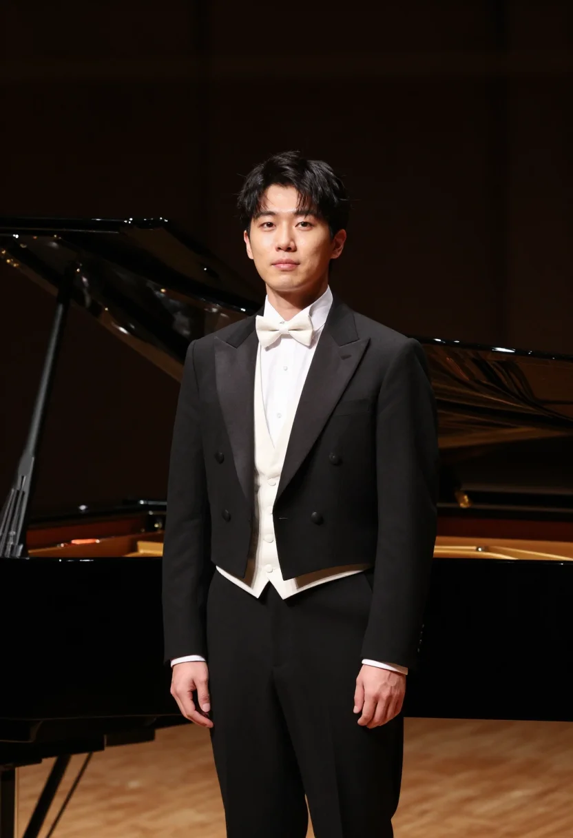 AI concert pianist black tails sample — portrait of a man, framed half-length from the head to the h