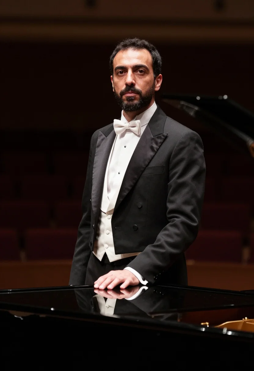 AI concert pianist black tails sample — portrait of a man, framed chest-up, cropped at the ribs, the