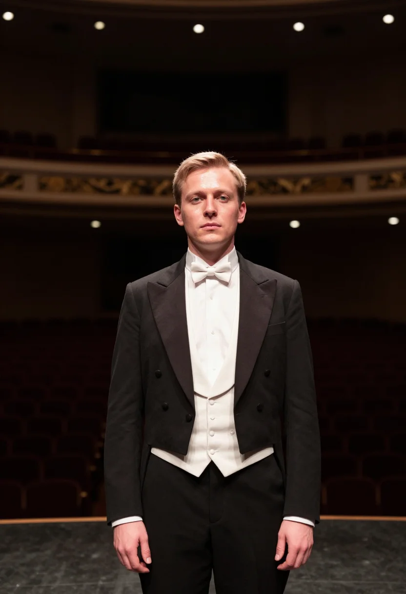 AI concert pianist black tails sample — portrait of a man, framed chest-up, cropped at the ribs, the